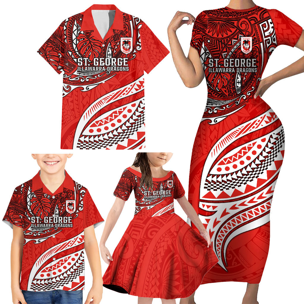 Personalised St George Illawarra Dragons Family Matching Short Sleeve Bodycon Dress and Hawaiian Shirt Polynesian Tribal Art Style With Fierce Red Dragon Mascot