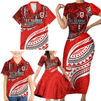 Personalised St George Illawarra Dragons Family Matching Short Sleeve Bodycon Dress and Hawaiian Shirt Polynesian Tribal Art Style With Fierce Red Dragon Mascot