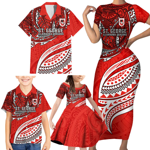 Personalised St George Illawarra Dragons Family Matching Short Sleeve Bodycon Dress and Hawaiian Shirt Polynesian Tribal Art Style With Fierce Red Dragon Mascot
