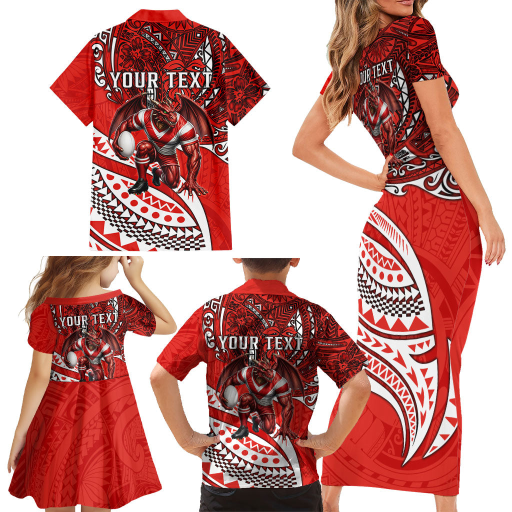 Personalised St George Illawarra Dragons Family Matching Short Sleeve Bodycon Dress and Hawaiian Shirt Polynesian Tribal Art Style With Fierce Red Dragon Mascot