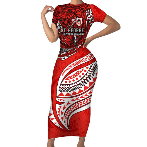 Personalised St George Illawarra Dragons Family Matching Short Sleeve Bodycon Dress and Hawaiian Shirt Polynesian Tribal Art Style With Fierce Red Dragon Mascot