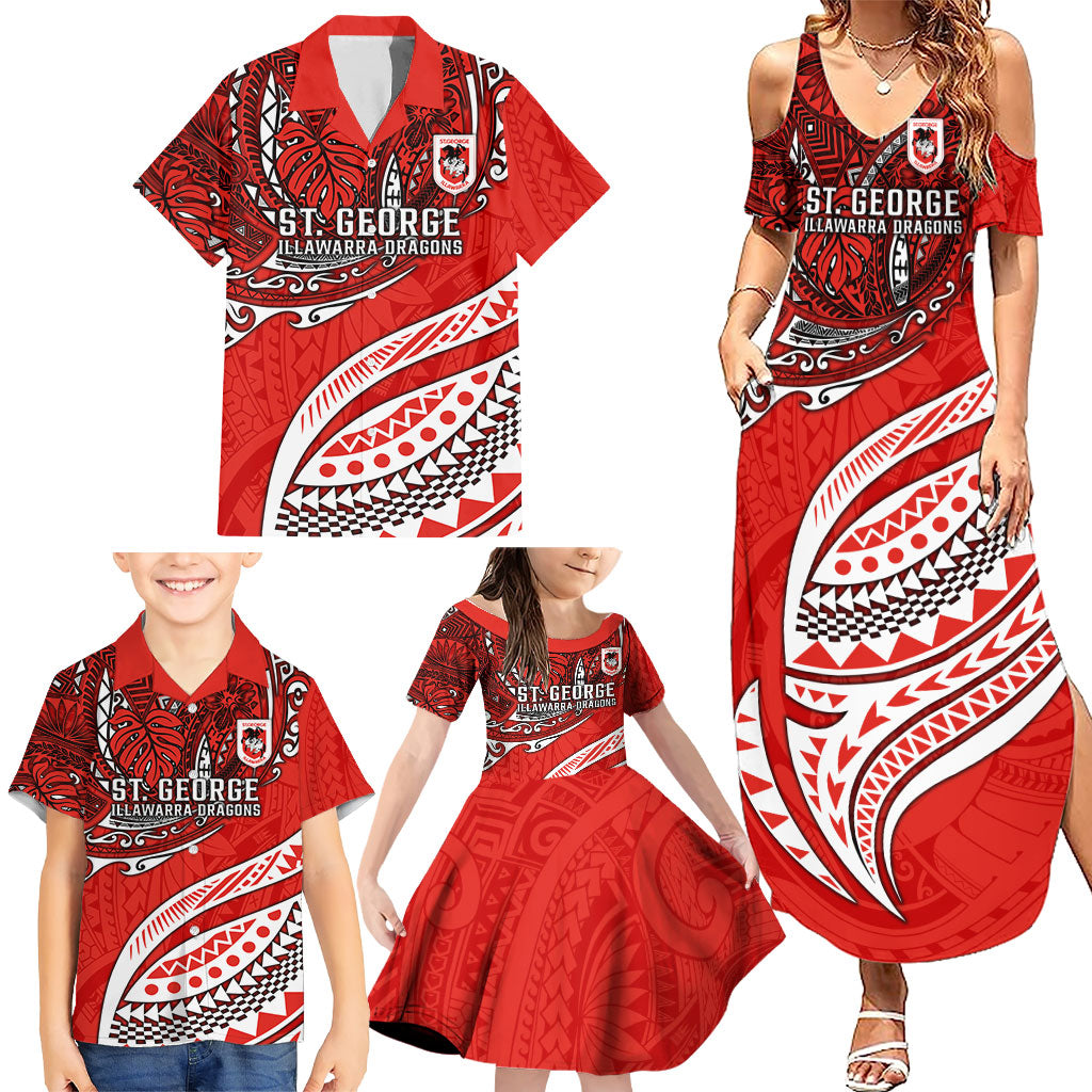 Personalised St George Illawarra Dragons Family Matching Summer Maxi Dress and Hawaiian Shirt Polynesian Tribal Art Style With Fierce Red Dragon Mascot