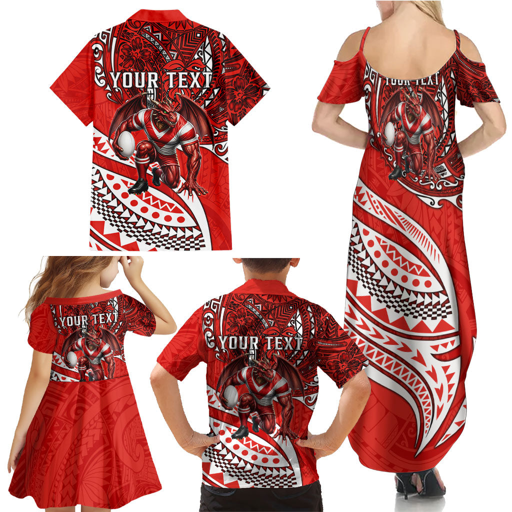 Personalised St George Illawarra Dragons Family Matching Summer Maxi Dress and Hawaiian Shirt Polynesian Tribal Art Style With Fierce Red Dragon Mascot
