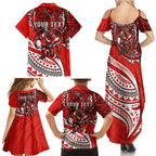 Personalised St George Illawarra Dragons Family Matching Summer Maxi Dress and Hawaiian Shirt Polynesian Tribal Art Style With Fierce Red Dragon Mascot