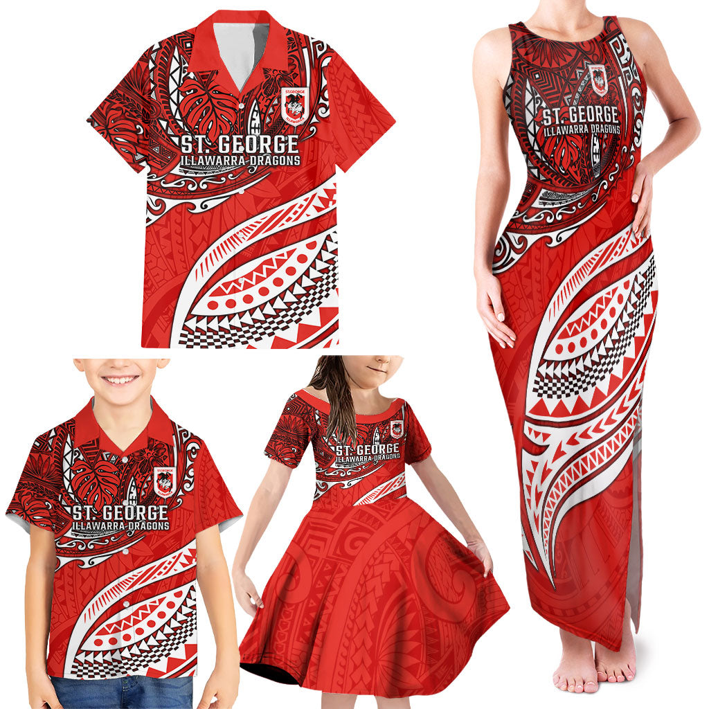 Personalised St George Illawarra Dragons Family Matching Tank Maxi Dress and Hawaiian Shirt Polynesian Tribal Art Style With Fierce Red Dragon Mascot