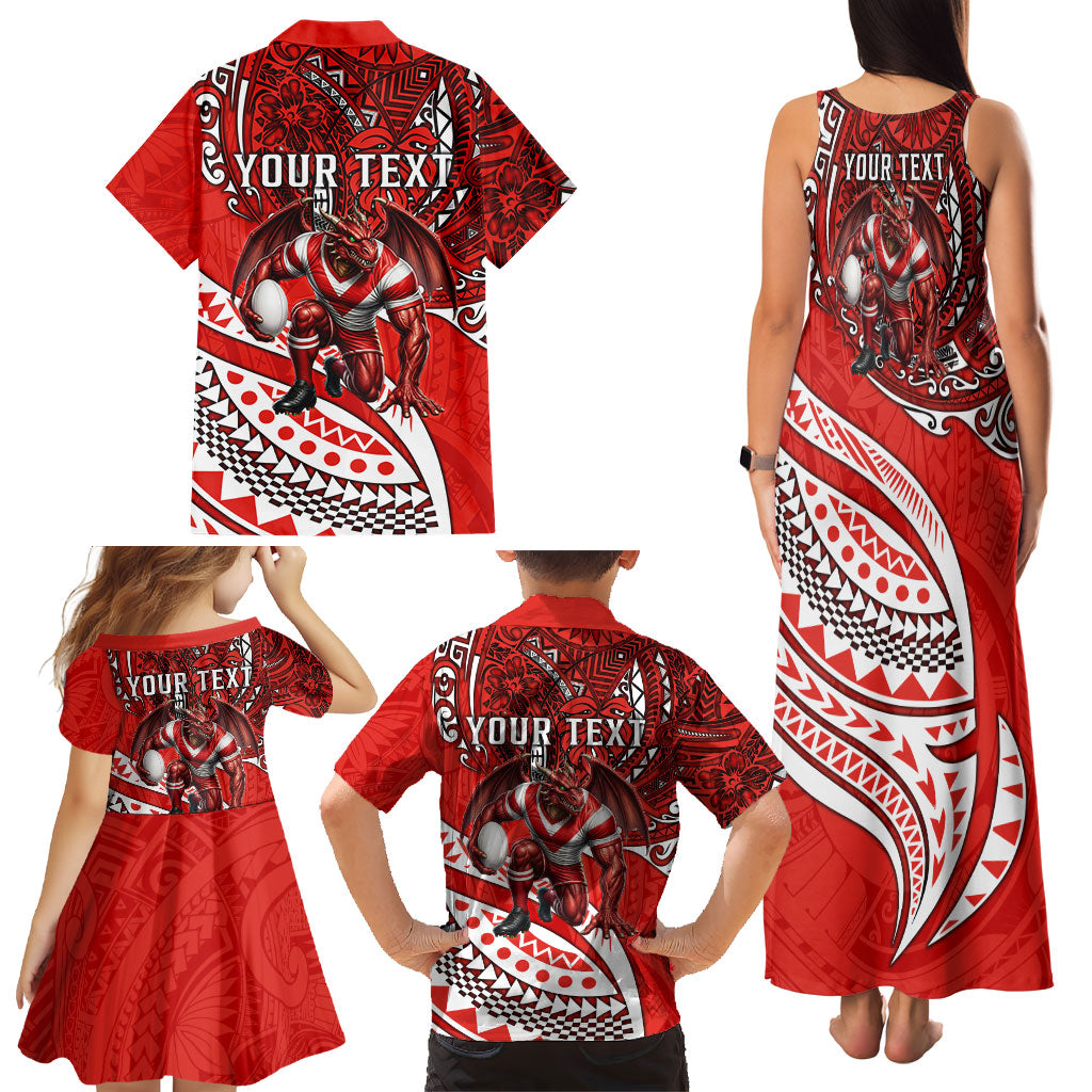 Personalised St George Illawarra Dragons Family Matching Tank Maxi Dress and Hawaiian Shirt Polynesian Tribal Art Style With Fierce Red Dragon Mascot