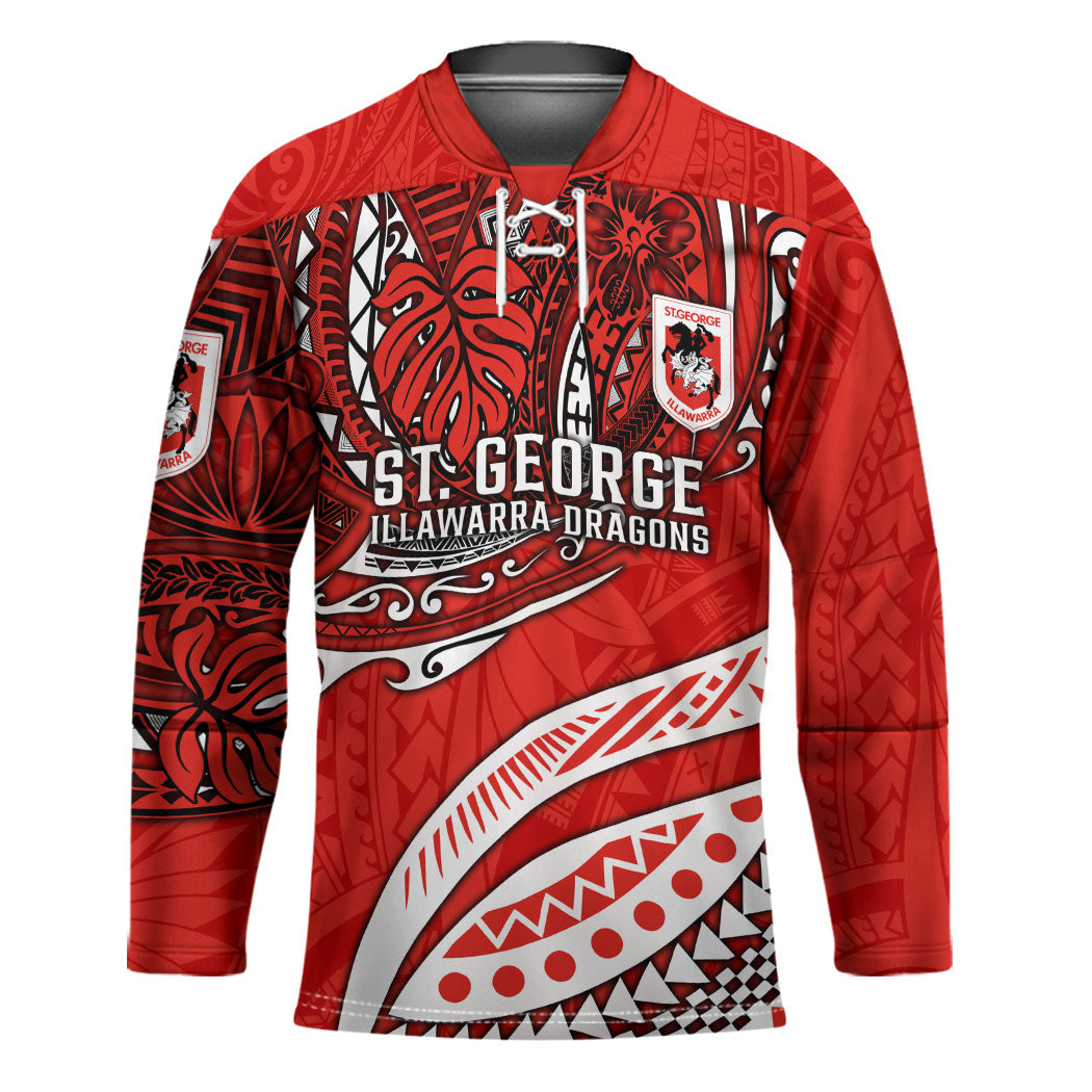 Personalised St George Illawarra Dragons Hockey Jersey Polynesian Tribal Art Style With Fierce Red Dragon Mascot