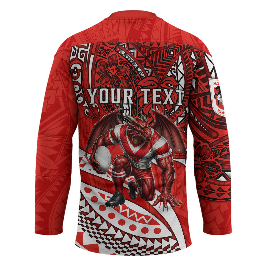 Personalised St George Illawarra Dragons Hockey Jersey Polynesian Tribal Art Style With Fierce Red Dragon Mascot