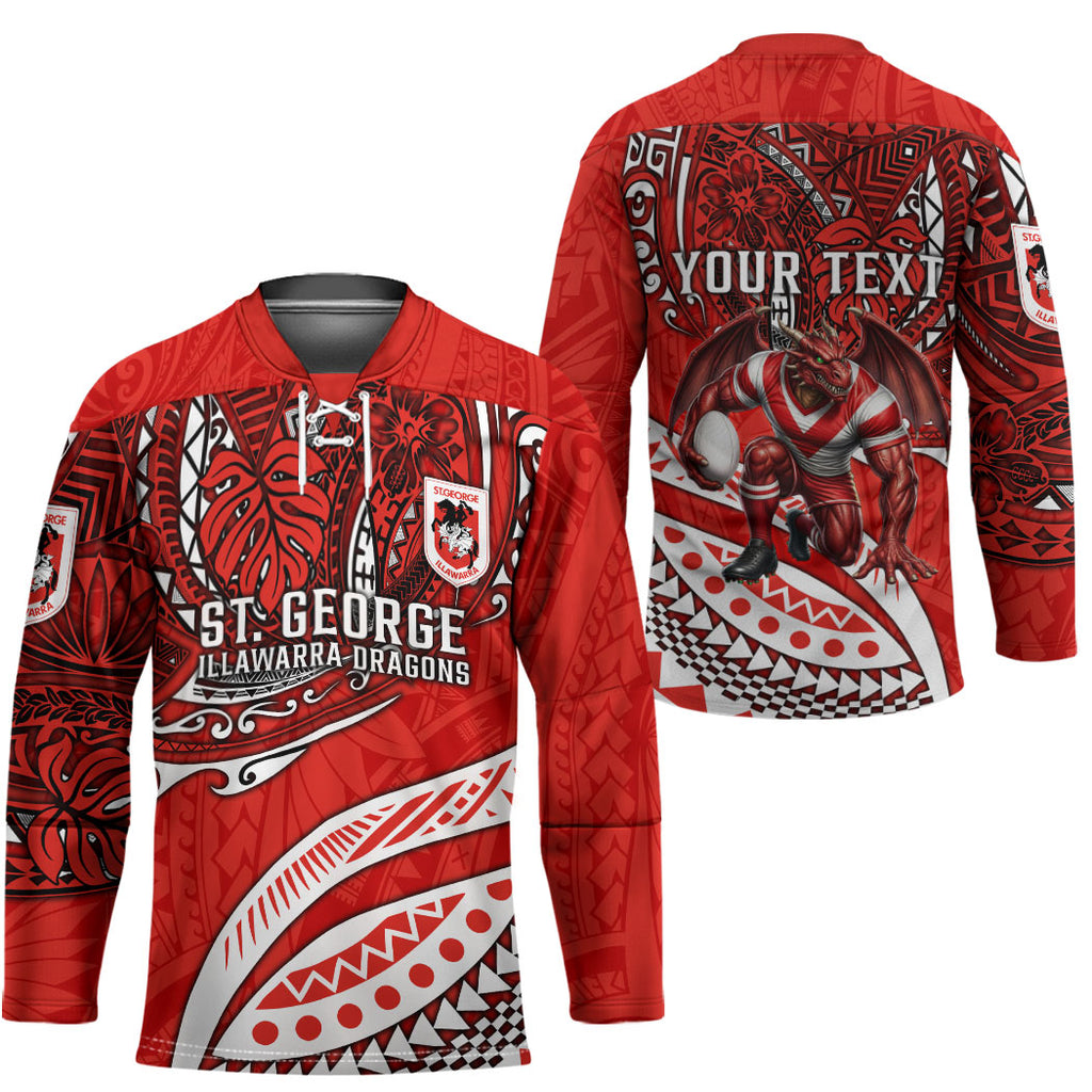 Personalised St George Illawarra Dragons Hockey Jersey Polynesian Tribal Art Style With Fierce Red Dragon Mascot