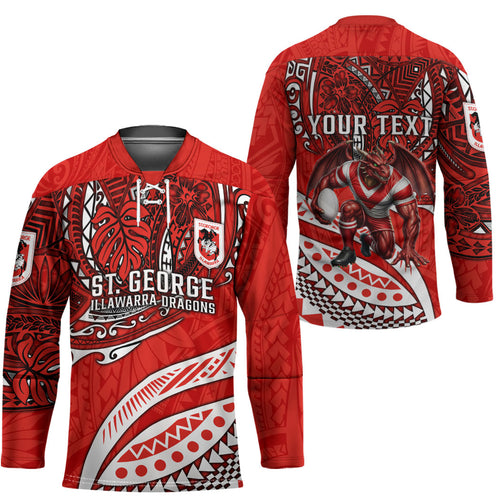 Personalised St George Illawarra Dragons Hockey Jersey Polynesian Tribal Art Style With Fierce Red Dragon Mascot