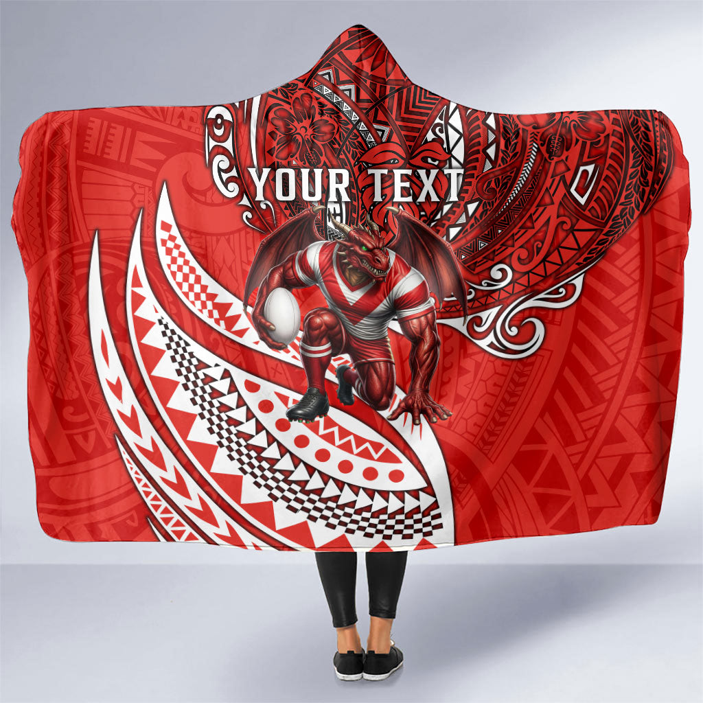 Personalised St George Illawarra Dragons Hooded Blanket Polynesian Tribal Art Style With Fierce Red Dragon Mascot