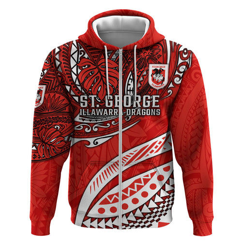 Personalised St George Illawarra Dragons Hoodie Polynesian Tribal Art Style With Fierce Red Dragon Mascot