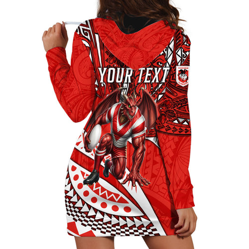 Personalised St George Illawarra Dragons Hoodie Dress Polynesian Tribal Art Style With Fierce Red Dragon Mascot