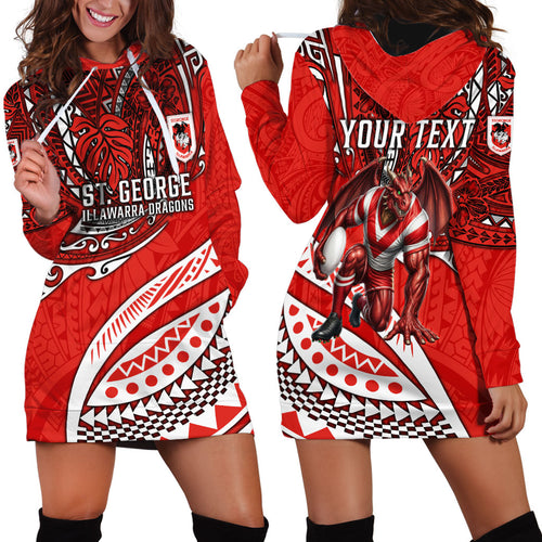 Personalised St George Illawarra Dragons Hoodie Dress Polynesian Tribal Art Style With Fierce Red Dragon Mascot