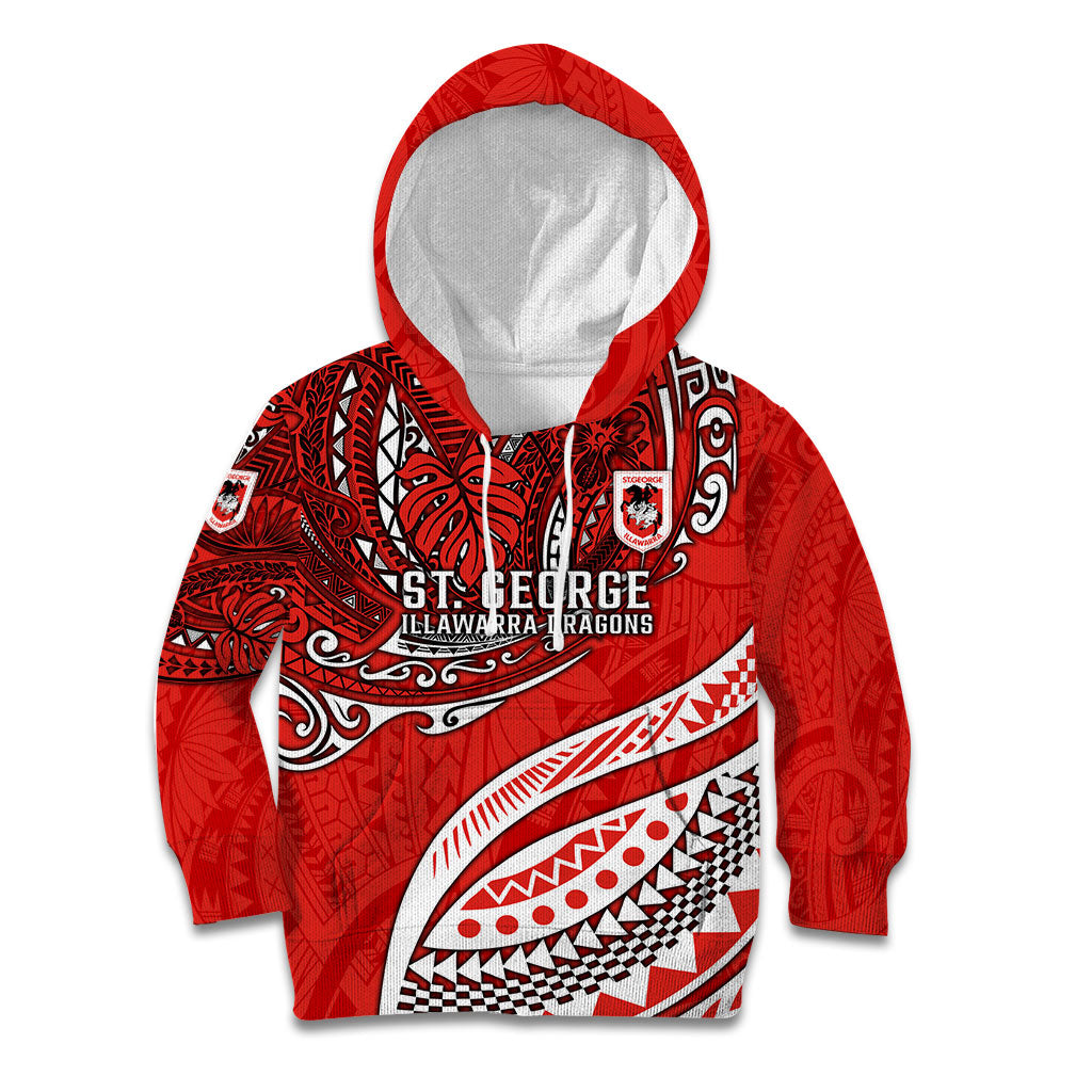 Personalised St George Illawarra Dragons Kid Hoodie Polynesian Tribal Art Style With Fierce Red Dragon Mascot