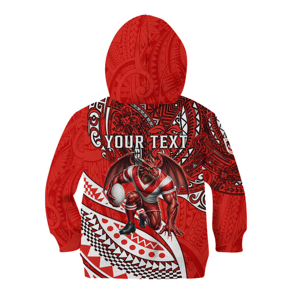 Personalised St George Illawarra Dragons Kid Hoodie Polynesian Tribal Art Style With Fierce Red Dragon Mascot