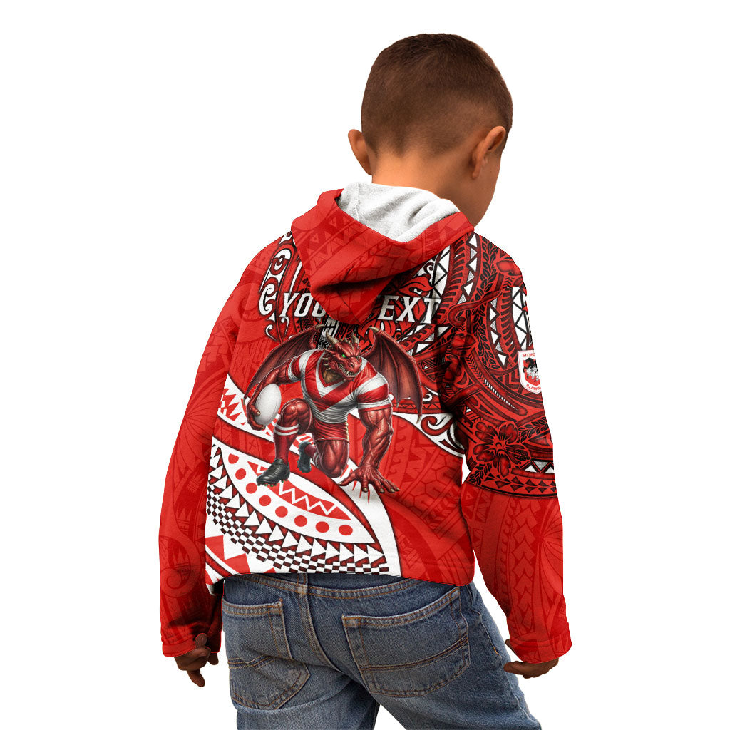 Personalised St George Illawarra Dragons Kid Hoodie Polynesian Tribal Art Style With Fierce Red Dragon Mascot
