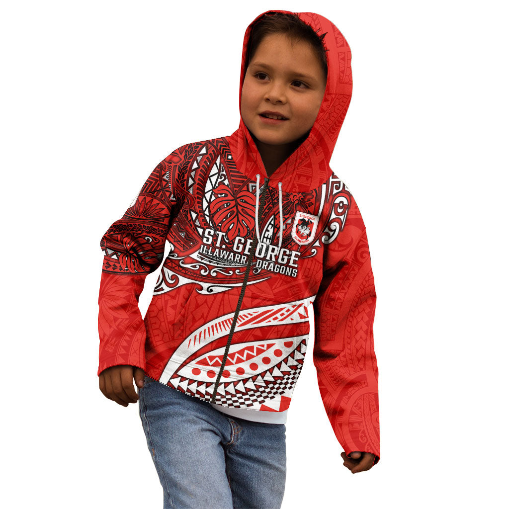 Personalised St George Illawarra Dragons Kid Hoodie Polynesian Tribal Art Style With Fierce Red Dragon Mascot