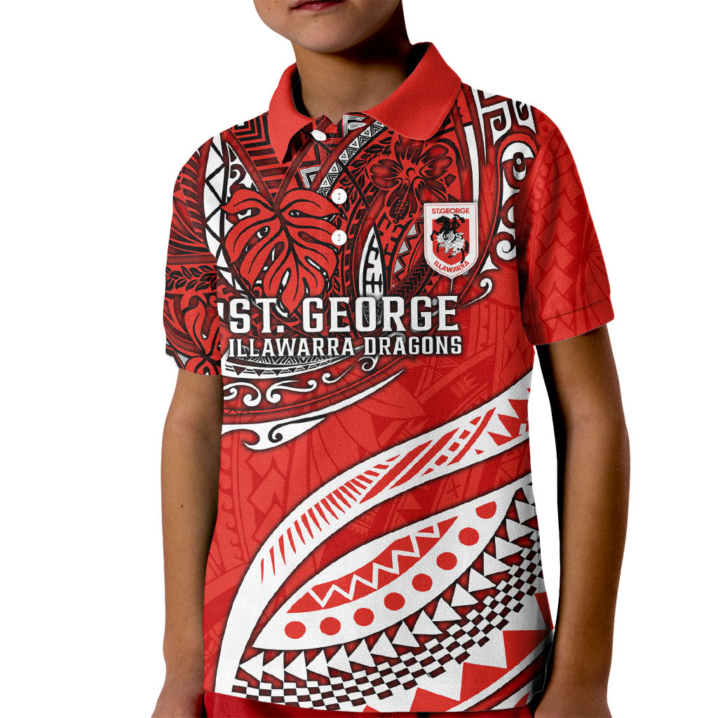 Personalised St George Illawarra Dragons Kid Polo Shirt Polynesian Tribal Art Style With Fierce Red Dragon Mascot