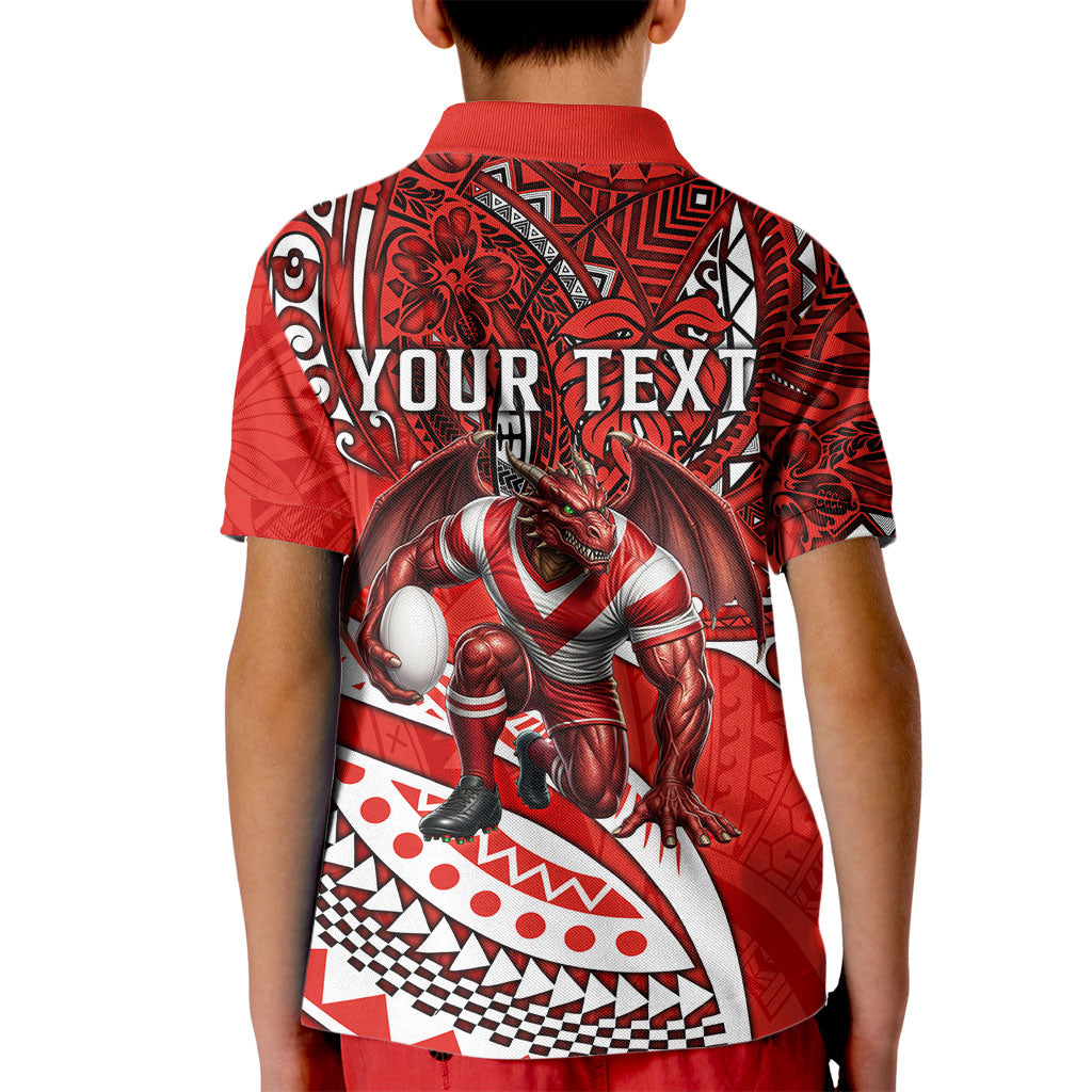 Personalised St George Illawarra Dragons Kid Polo Shirt Polynesian Tribal Art Style With Fierce Red Dragon Mascot