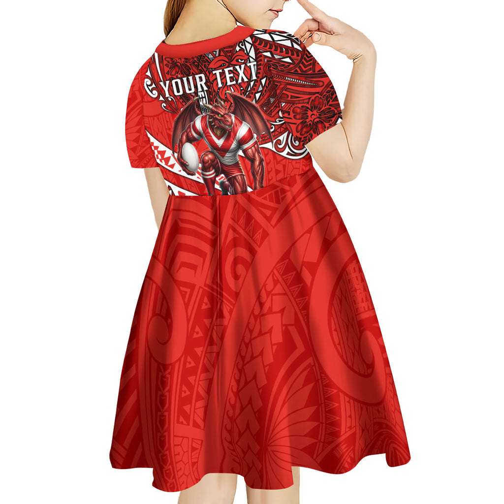 Personalised St George Illawarra Dragons Kid Short Sleeve Dress Polynesian Tribal Art Style With Fierce Red Dragon Mascot