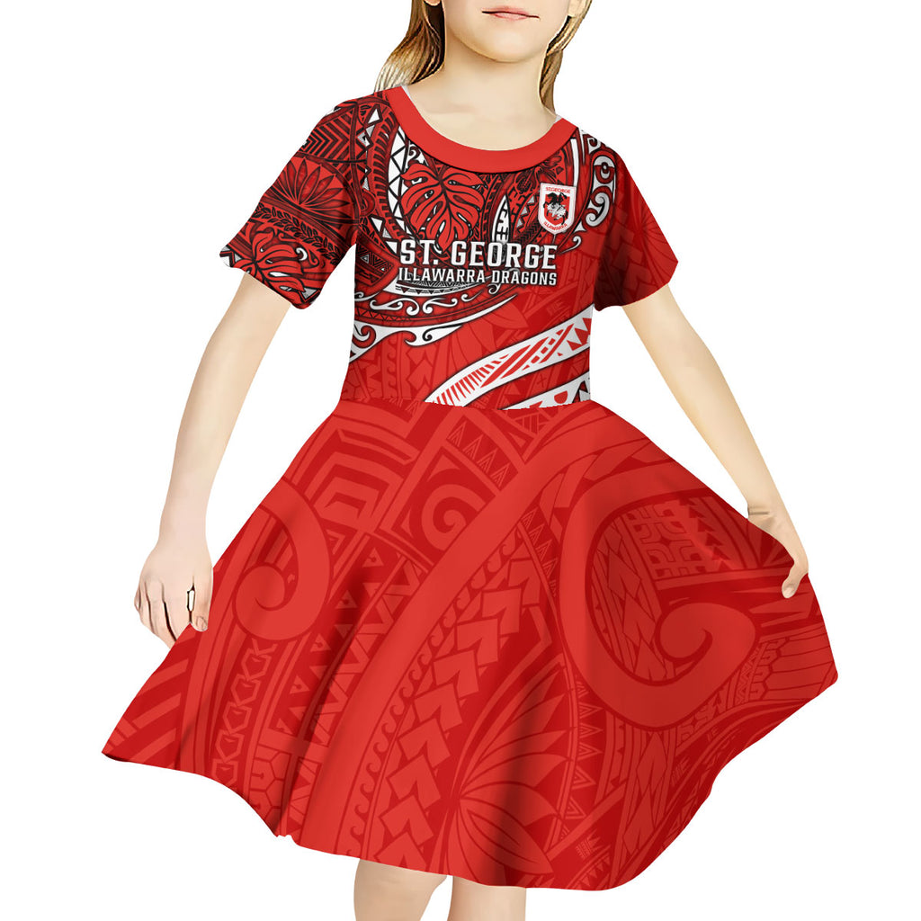 Personalised St George Illawarra Dragons Kid Short Sleeve Dress Polynesian Tribal Art Style With Fierce Red Dragon Mascot