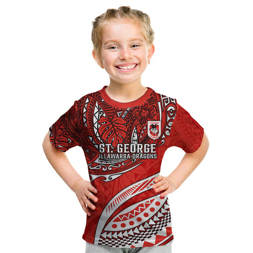 Personalised St George Illawarra Dragons Kid T Shirt Polynesian Tribal Art Style With Fierce Red Dragon Mascot