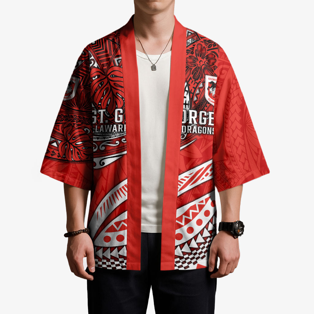 Personalised St George Illawarra Dragons Kimono Polynesian Tribal Art Style With Fierce Red Dragon Mascot
