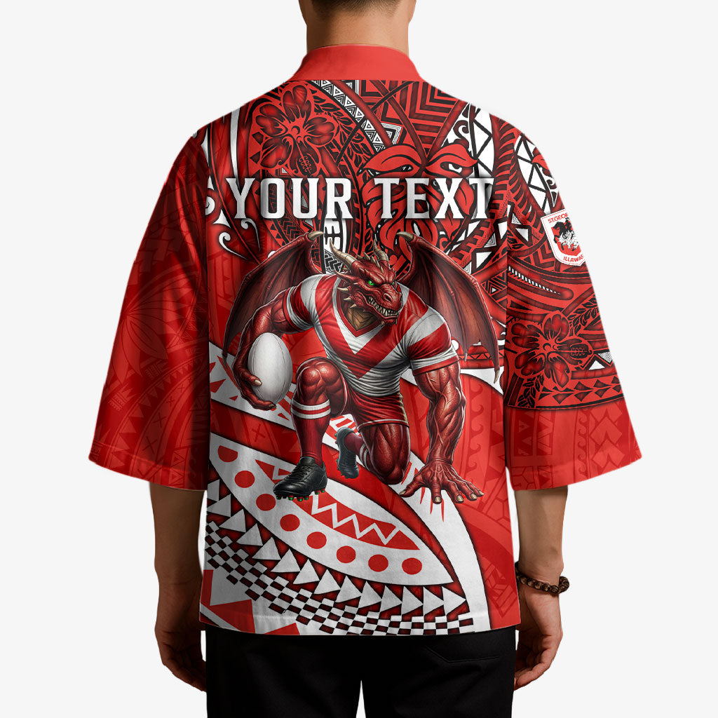 Personalised St George Illawarra Dragons Kimono Polynesian Tribal Art Style With Fierce Red Dragon Mascot