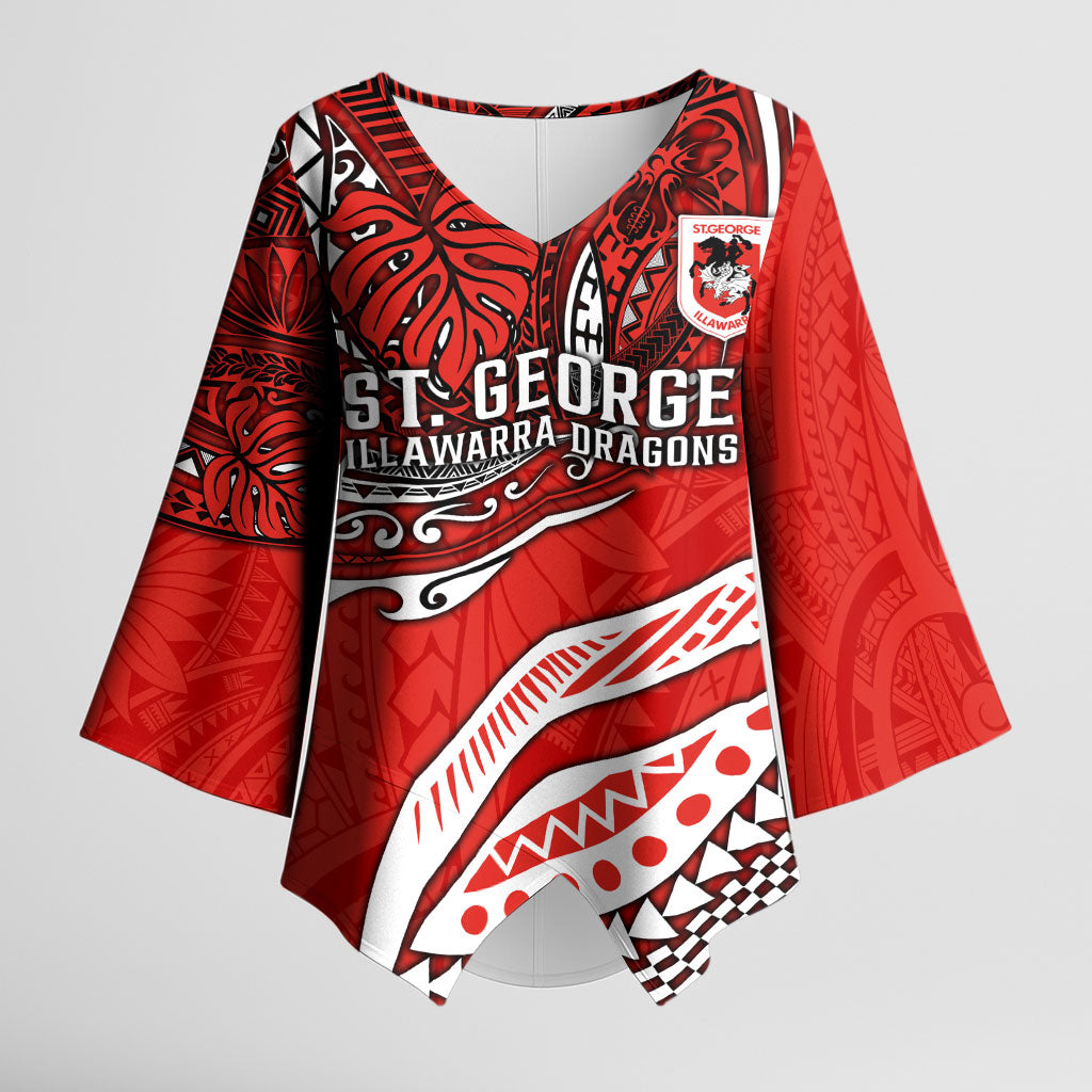 Personalised St George Illawarra Dragons Kimono Sleeve Blouse Polynesian Tribal Art Style With Fierce Red Dragon Mascot