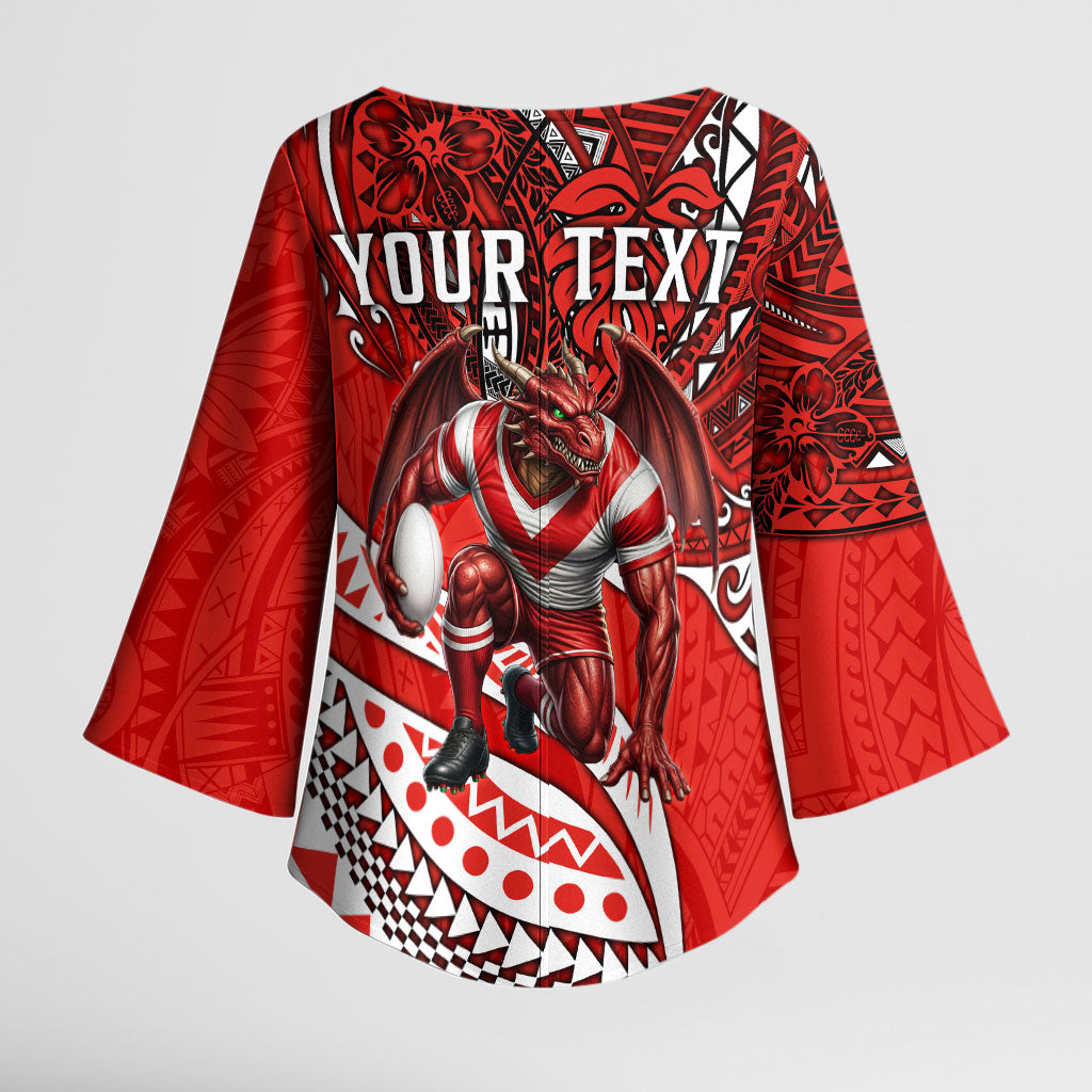 Personalised St George Illawarra Dragons Kimono Sleeve Blouse Polynesian Tribal Art Style With Fierce Red Dragon Mascot