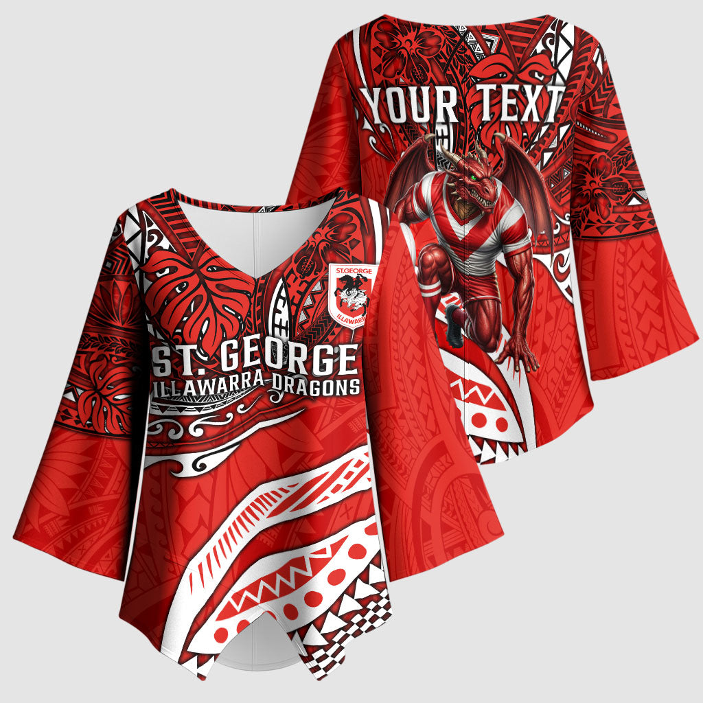 Personalised St George Illawarra Dragons Kimono Sleeve Blouse Polynesian Tribal Art Style With Fierce Red Dragon Mascot