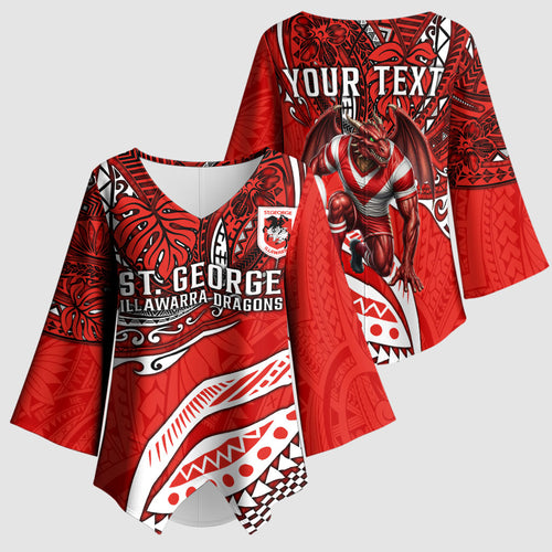 Personalised St George Illawarra Dragons Kimono Sleeve Blouse Polynesian Tribal Art Style With Fierce Red Dragon Mascot
