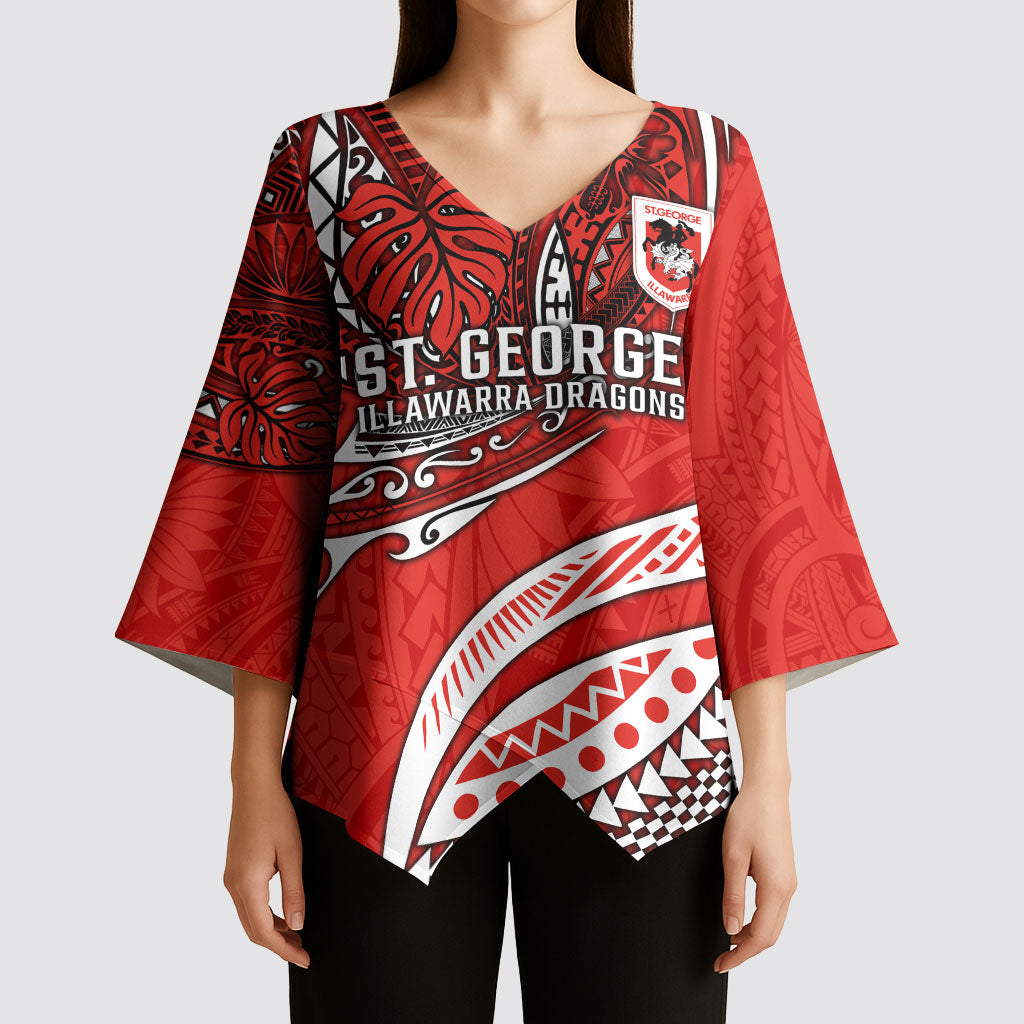 Personalised St George Illawarra Dragons Kimono Sleeve Blouse Polynesian Tribal Art Style With Fierce Red Dragon Mascot