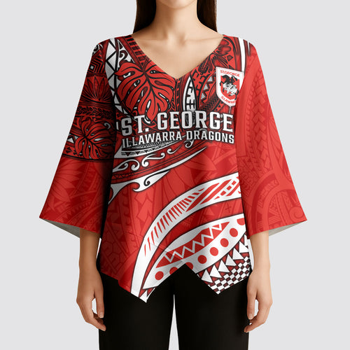 Personalised St George Illawarra Dragons Kimono Sleeve Blouse Polynesian Tribal Art Style With Fierce Red Dragon Mascot