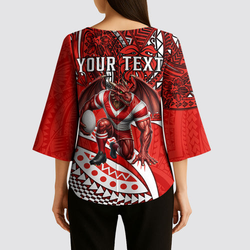 Personalised St George Illawarra Dragons Kimono Sleeve Blouse Polynesian Tribal Art Style With Fierce Red Dragon Mascot