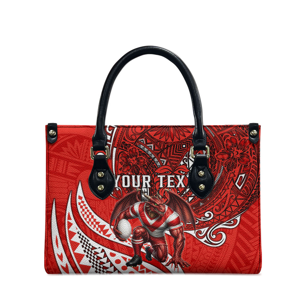Personalised St George Illawarra Dragons Leather Bag Polynesian Tribal Art Style With Fierce Red Dragon Mascot