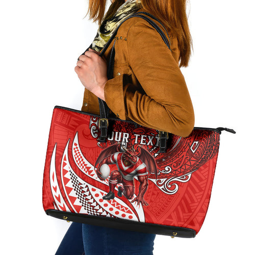 Personalised St George Illawarra Dragons Leather Tote Bag Polynesian Tribal Art Style With Fierce Red Dragon Mascot