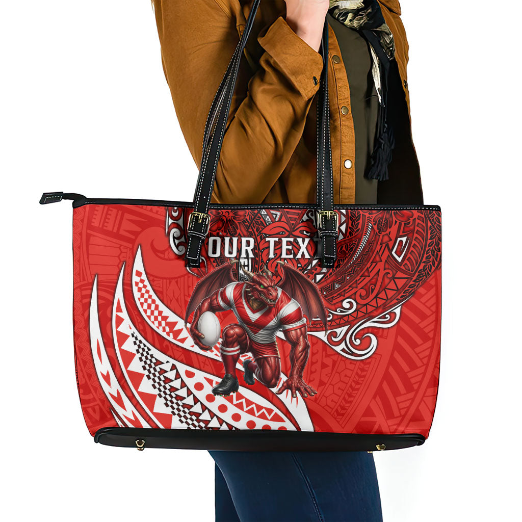 Personalised St George Illawarra Dragons Leather Tote Bag Polynesian Tribal Art Style With Fierce Red Dragon Mascot
