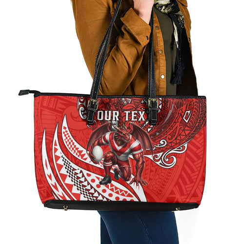 Personalised St George Illawarra Dragons Leather Tote Bag Polynesian Tribal Art Style With Fierce Red Dragon Mascot