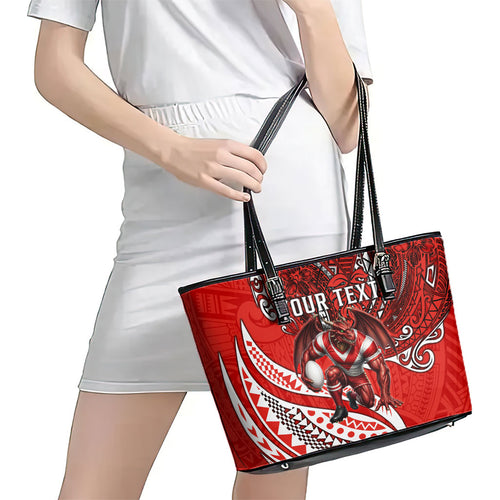 Personalised St George Illawarra Dragons Leather Tote Bag Polynesian Tribal Art Style With Fierce Red Dragon Mascot