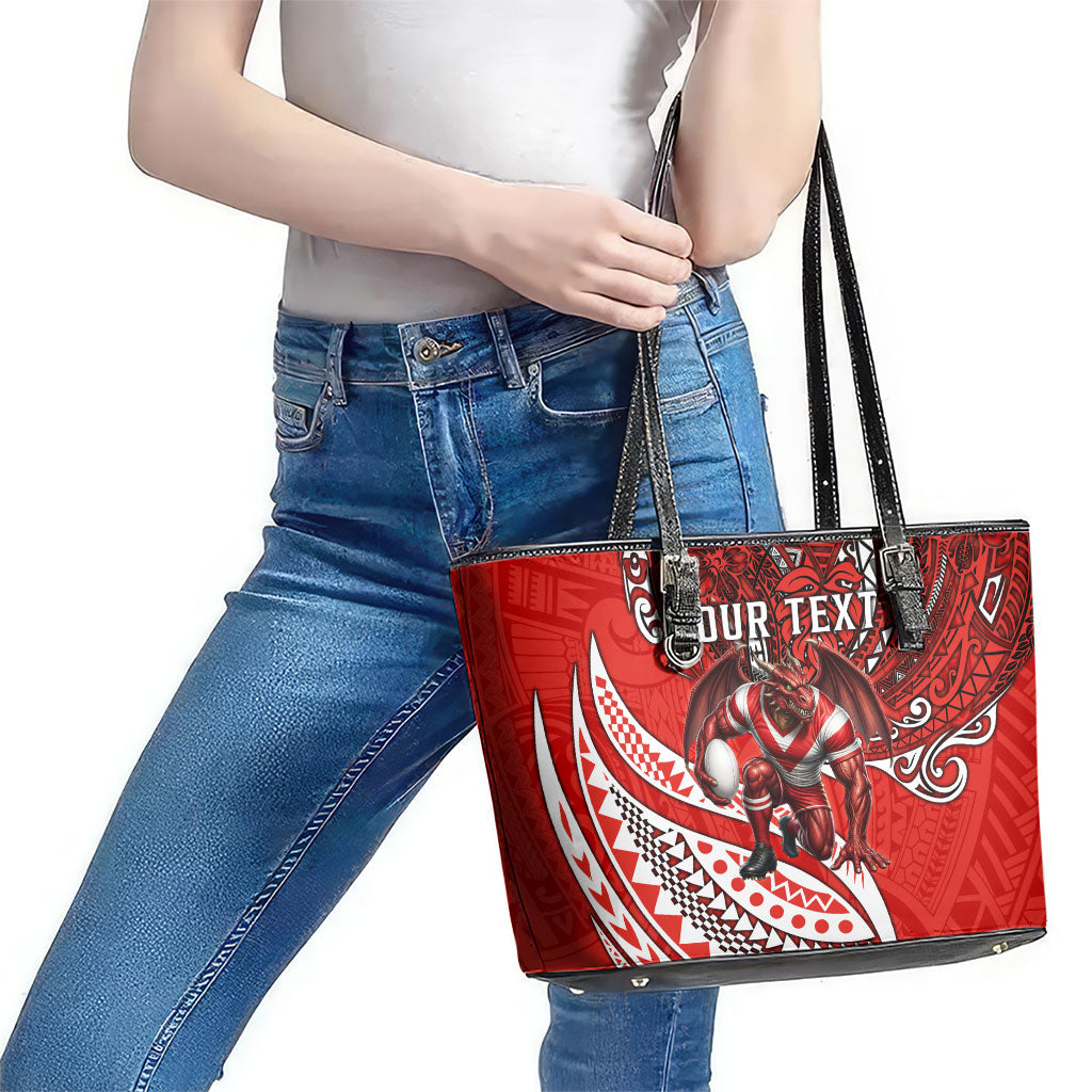 Personalised St George Illawarra Dragons Leather Tote Bag Polynesian Tribal Art Style With Fierce Red Dragon Mascot