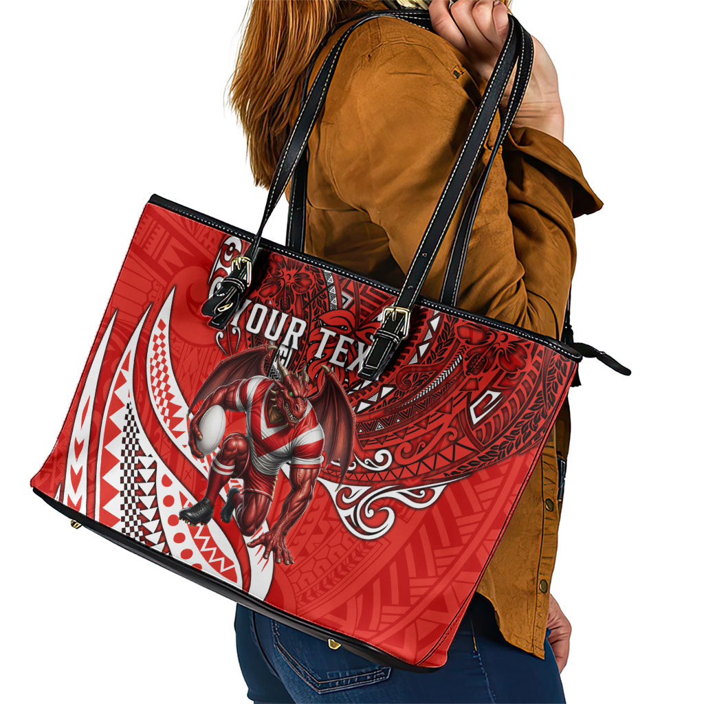 Personalised St George Illawarra Dragons Leather Tote Bag Polynesian Tribal Art Style With Fierce Red Dragon Mascot