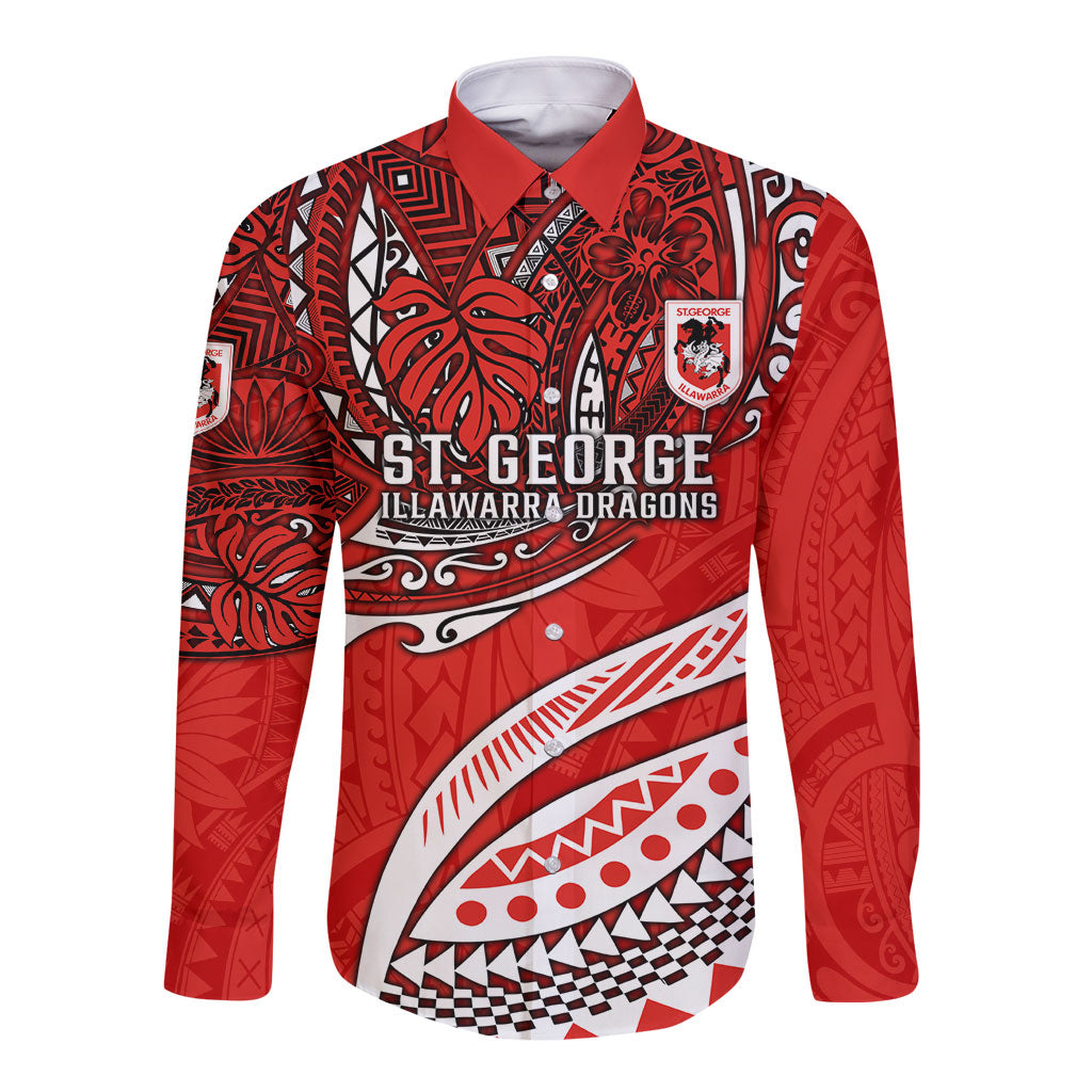 Personalised St George Illawarra Dragons Long Sleeve Button Shirt Polynesian Tribal Art Style With Fierce Red Dragon Mascot
