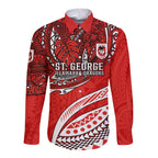 Personalised St George Illawarra Dragons Long Sleeve Button Shirt Polynesian Tribal Art Style With Fierce Red Dragon Mascot