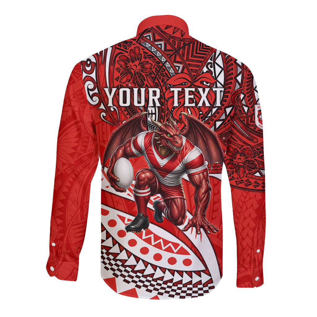 Personalised St George Illawarra Dragons Long Sleeve Button Shirt Polynesian Tribal Art Style With Fierce Red Dragon Mascot
