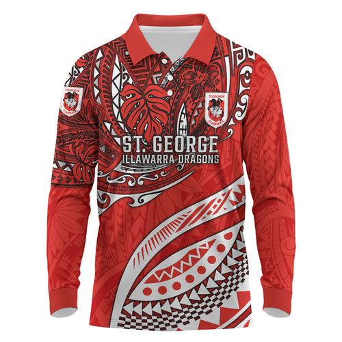 Personalised St George Illawarra Dragons Long Sleeve Polo Shirt Polynesian Tribal Art Style With Fierce Red Dragon Mascot