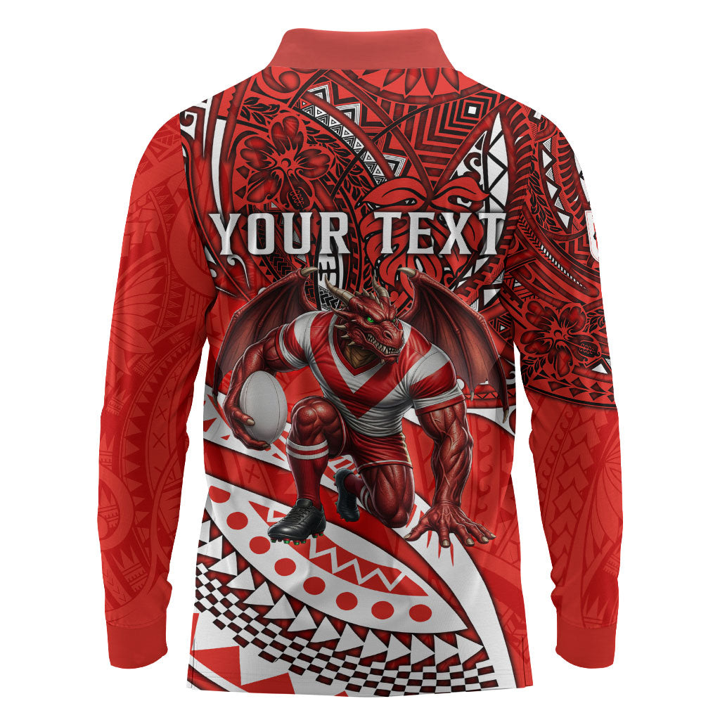 Personalised St George Illawarra Dragons Long Sleeve Polo Shirt Polynesian Tribal Art Style With Fierce Red Dragon Mascot