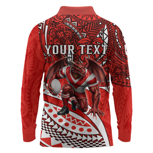 Personalised St George Illawarra Dragons Long Sleeve Polo Shirt Polynesian Tribal Art Style With Fierce Red Dragon Mascot