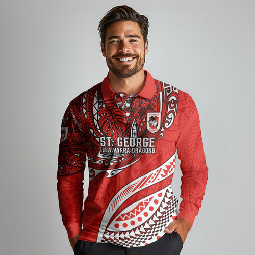 Personalised St George Illawarra Dragons Long Sleeve Polo Shirt Polynesian Tribal Art Style With Fierce Red Dragon Mascot
